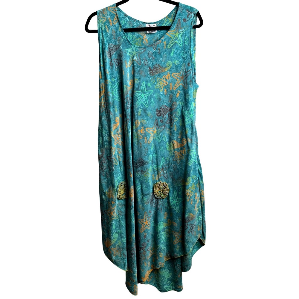 VTG Handmade Coastal Blue Green Midi Dress OS Starfish Seahorse 90s Maximalist